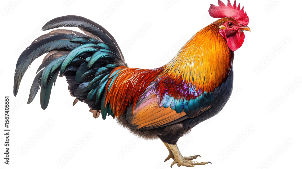 Fototapeta premium Colorful rooster with iridescent tail feathers, looking sideways Transparent background, PNG
