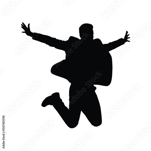 Silhouette of a joyful businessman jumping with arms outstretched against a white background