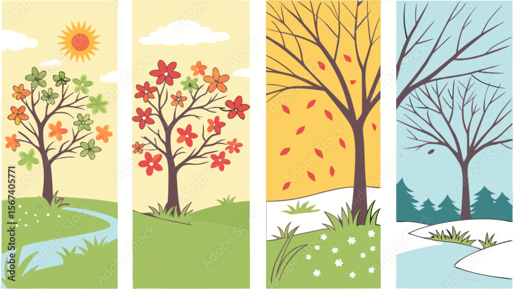 Obraz premium Four seasons tree illustration vector graphic design spring summer autumn winter background nature landscape 100