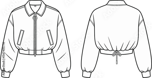 Flat Vector CAD Drawing of Trendy Cropped Bomber Jacket with Front Zipper Pockets Elastic Drawstring Hem Back View Design