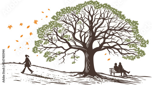 tree park bench people autumn walk vector