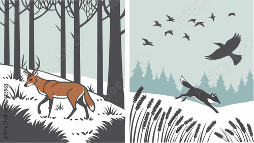 Wildlife scene illustration of deer in forest and fox chasing birds in winter landscape art 100