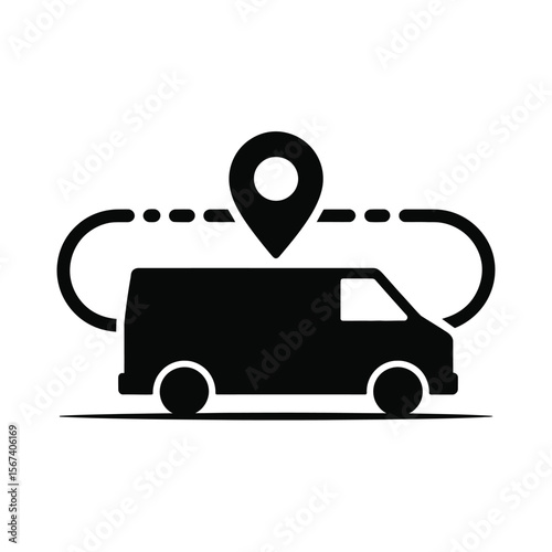 Black silhouette of a delivery van with a location pin and route line
