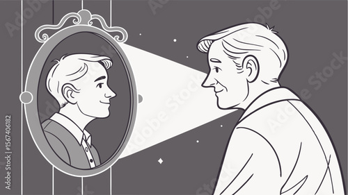man looking at younger self in mirror scene
