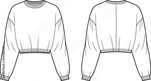 Flat Vector CAD Technical Drawing of Cropped Long Sleeve Sweatshirt with Ribbed Hem, Cuffs and Back Seam Detail Fashion Template