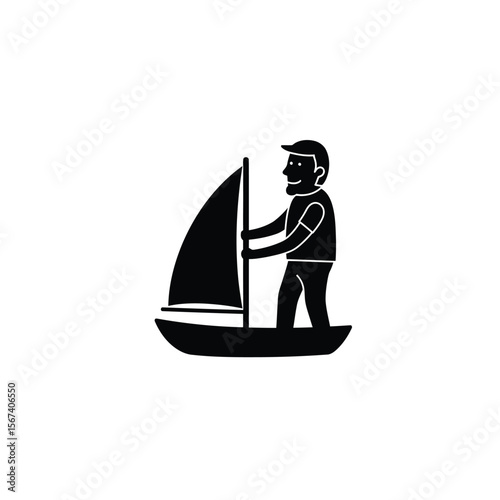 Black silhouette of a man sailing a boat white