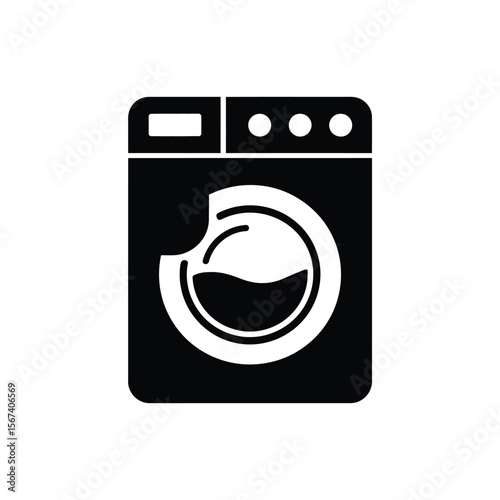 Simple black and white icon of a washing machine with a water filled drum