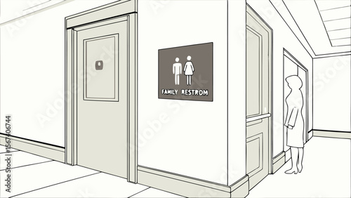 public restroom hallway with female figure art