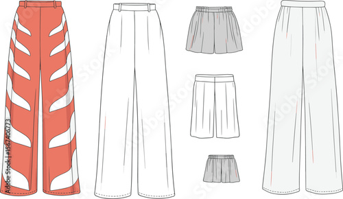 CAD drawing flat vector illustration, technical fashion sketch of pants and shorts, garment template design for apparel production and customization