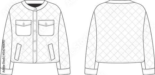 Flat Vector CAD Technical Drawing of Quilted Long Sleeve Jacket with Front Pockets and Buttons, Detailed Fashion Sketch for Sewing Pattern