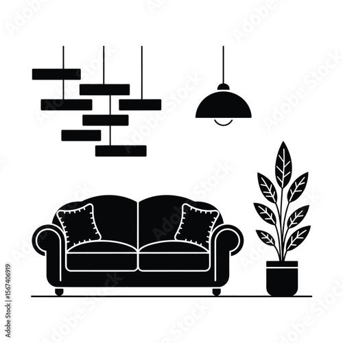 Modern living room interior with sofa plant and pendant lights in black and white