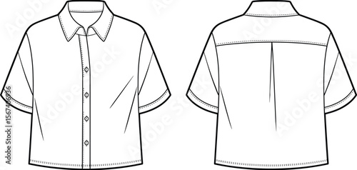Flat Vector CAD Technical Drawing of Short Sleeve Button Down Shirt with Classic Collar, Fashion Design Front and Back Sketch Template