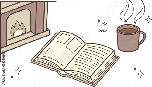 cozy reading book fireplace coffee vector art