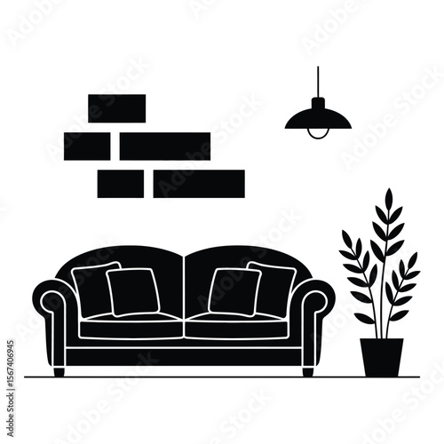 Simple black and white illustration of a living room with a couch and plant