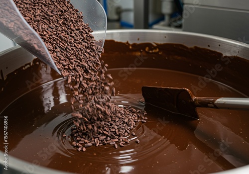 A person, likely a chocolatier or food production worker, is pouring cocoa nibs into melted chocolate in a factory setting, as a step in the chocolate making process.