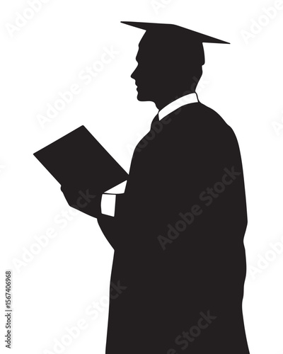 A Graduate man posing with cap and diploma, silhouette illustration vector black, Silhouette of a male graduate in cap and gown, Vector illustration