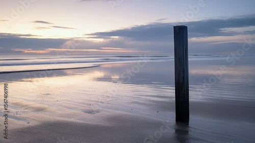 Tranquil beach sunrise serene ocean reflections and solitary post
