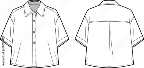 Flat Vector CAD Technical Drawing of Short Sleeve Button Down Shirt with Collar, Detailed Front and Back Fashion Sketch Design