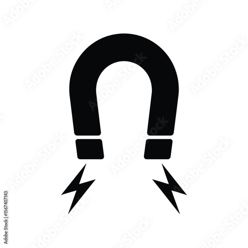Black horseshoe magnet with lightning bolts symbolizing magnetic force and attraction