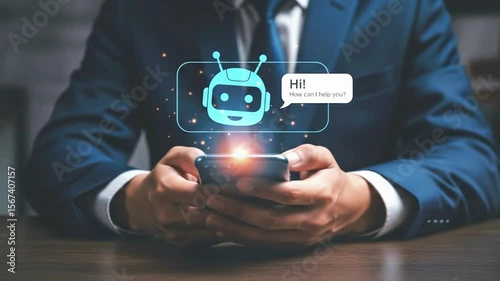 A businessman is using his smartphone to chat with a friendly chatbot interface