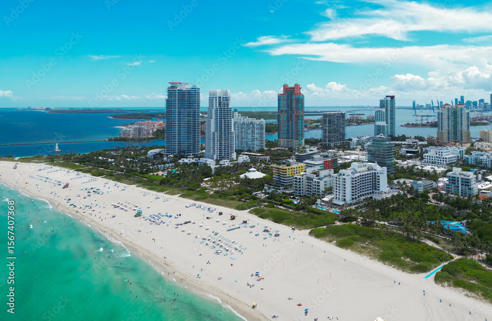 Miami Beach. Miami Beach city from top. South Beach from above. Drone of coastline scene. Shore of Miami with skyscrapers. Aerial cityscape of Miamis view. Miami Beach. Miami Beach city from top. South Beach from above. Drone of coastline scene. Shore of Miami with skyscrapers. Aerial cityscape of Miamis view.