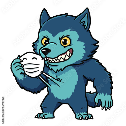 Cartoon blue werewolf with sharp teeth, yellow eyes, and mischievous grin, holding a white mask with a smiling face, standing in a confident pose with fur details and playful energy.
