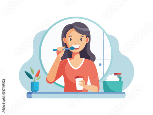 Young woman happily brushing her teeth with a toothbrush and toothpaste isolated on white background
