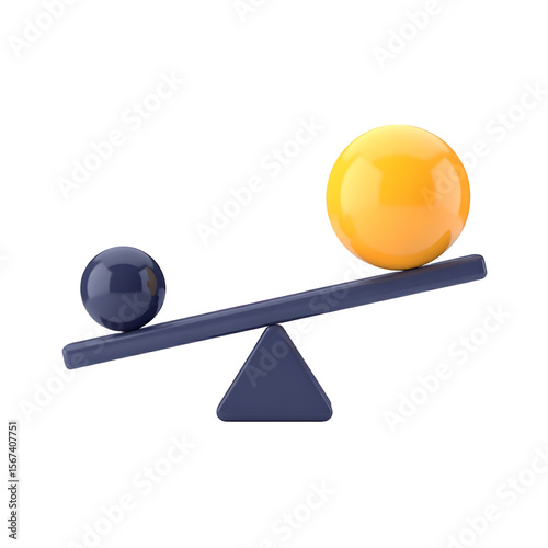 Unbalanced seesaw with different sized spheres isolated on transparent background