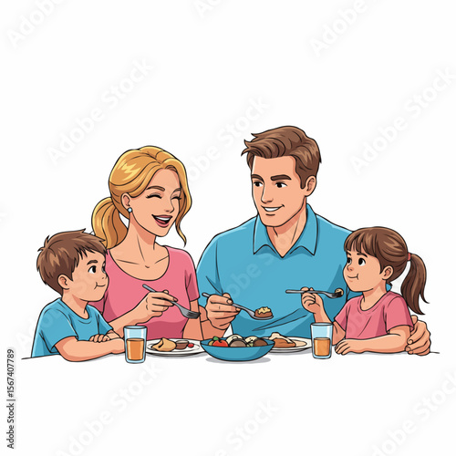 Happy Parents Eating Together with Their Two Children at Home Dining Table