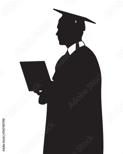 A Graduate man posing with cap and diploma, silhouette illustration vector black, Silhouette of a male graduate in cap and gown, Vector illustration