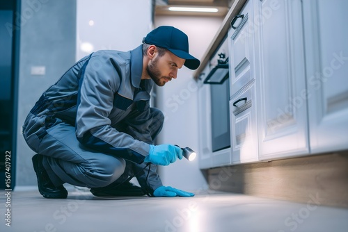 Pest control inspection professional checking kitchen area for insects and rodents
