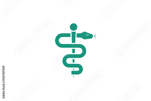 Green caduceus medical symbol with snake and staff isolated on white background