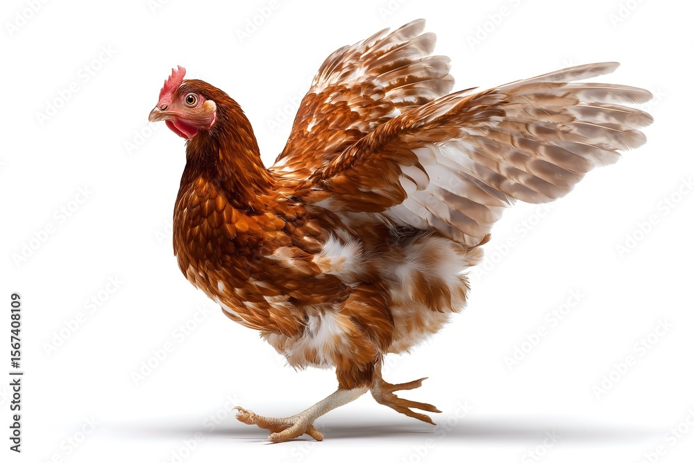 Fototapeta premium Running hen in side profile view, isolated on a clean white background.