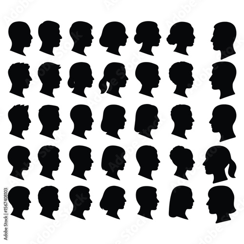 Diverse human profiles black silhouettes head face