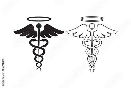 Two caduceus symbols with wings and halo isolated on white background