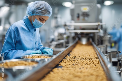 Blue uniformed worker examining the production line of kibble in a pet food factory during the day
