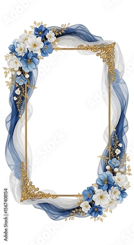 Elegant oval frame with blue and white flowers and gold ornate corners