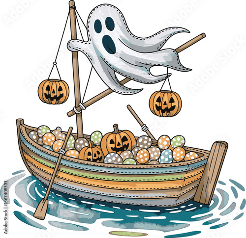 Halloween concept boat ride with ghost illustration premium quality