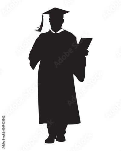 A Graduate man posing with cap and diploma, silhouette illustration vector black, Silhouette of a male graduate in cap and gown, Vector illustration
