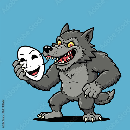 Menacing cartoon wolf with gray fur and sharp teeth holding a cheerful white mask, featuring red eyes and a fierce expression, creating a dramatic contrast between threat and disguise.