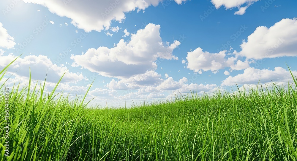 Lush Green Grass Field under Bright Blue Sky with Puffy Clouds Lush Green Grass Field under Bright Blue Sky with Puffy Clouds