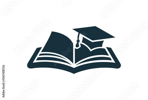 Open book with graduation cap icon representing education and knowledge isolated on white background