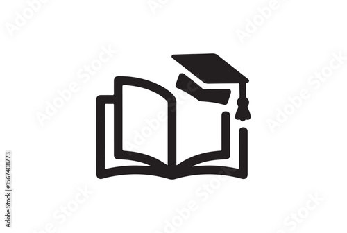 Open book with graduation cap icon representing education and knowledge isolated on white background