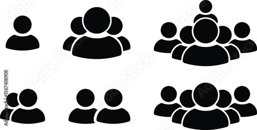 Collection of black user icons representing groups of people and individuals isolated on transparent background