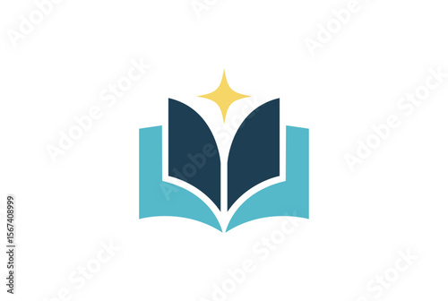 Stylized open book with a shining star above isolated on white background