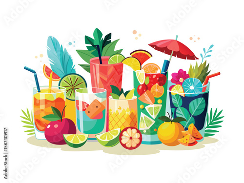 Vibrant assortment of tropical cocktails with fresh fruits and garnishes isolated on white background
