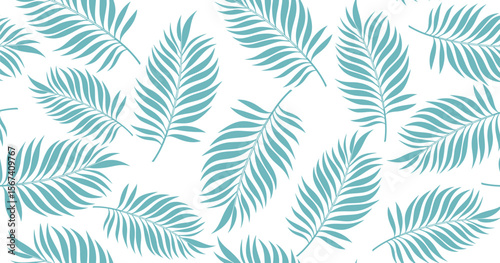 Seamless pastel blue palm leaf pattern on white background, ideal for tropical summer designs, botanical textiles, eco packaging, wallpaper, stationery, and modern digital prints.