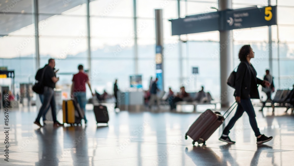 Fototapeta premium Defocused scene of busy airport lounge with passengers and luggage overhead 