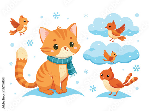 Cute cartoon ginger cat wearing a blue scarf with birds flying around in a winter scene isolated on white background
