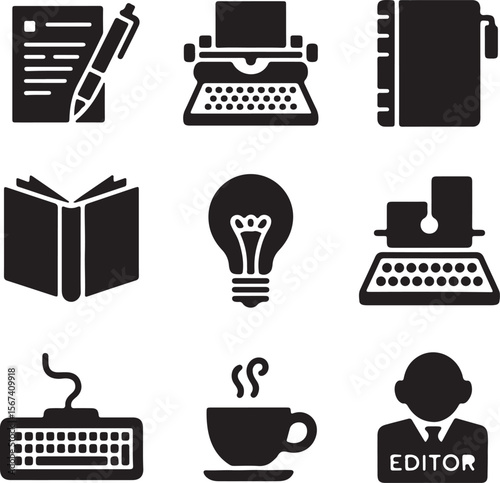 Writing, Editing, and Publishing Icons A Collection of Black and White Glyphs